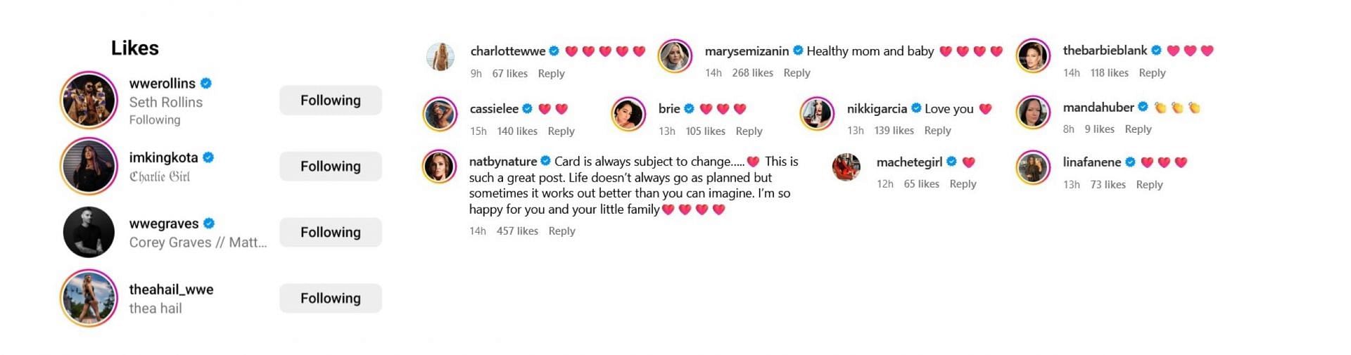 Reactions to Carmella's post on Instagram